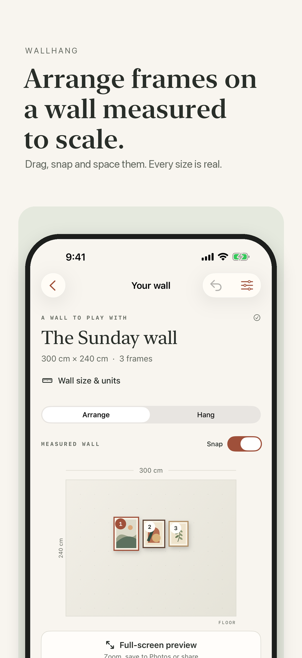 Arrange frames on a wall measured to scale